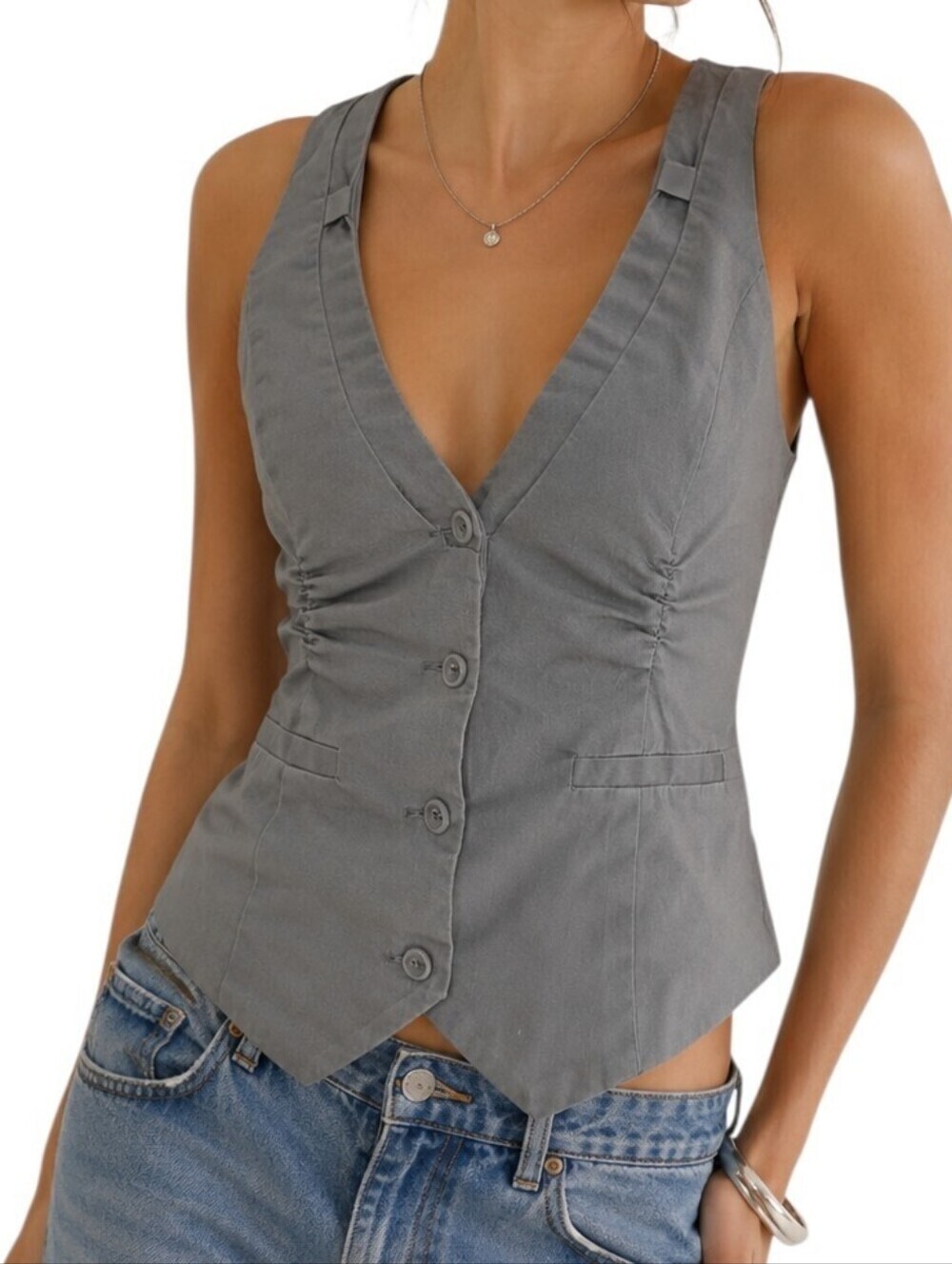 Vintage Guess Vest Top Ruched Button Front Women Small Grey Y2K